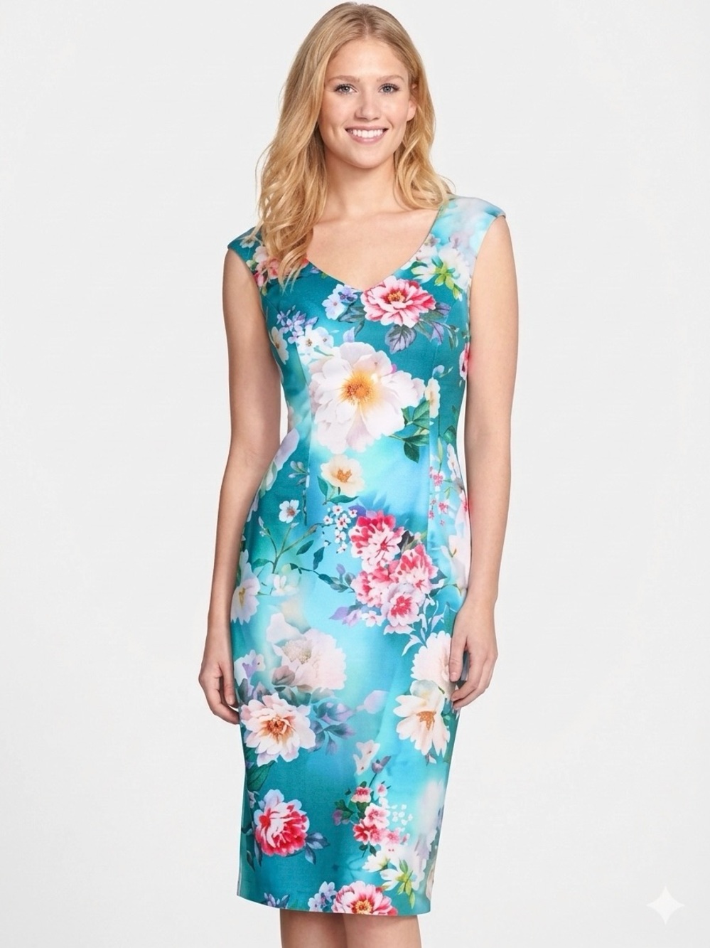 $179 Maggy London Floral Colorful Sky Midi Dress Dreamy Size 6
